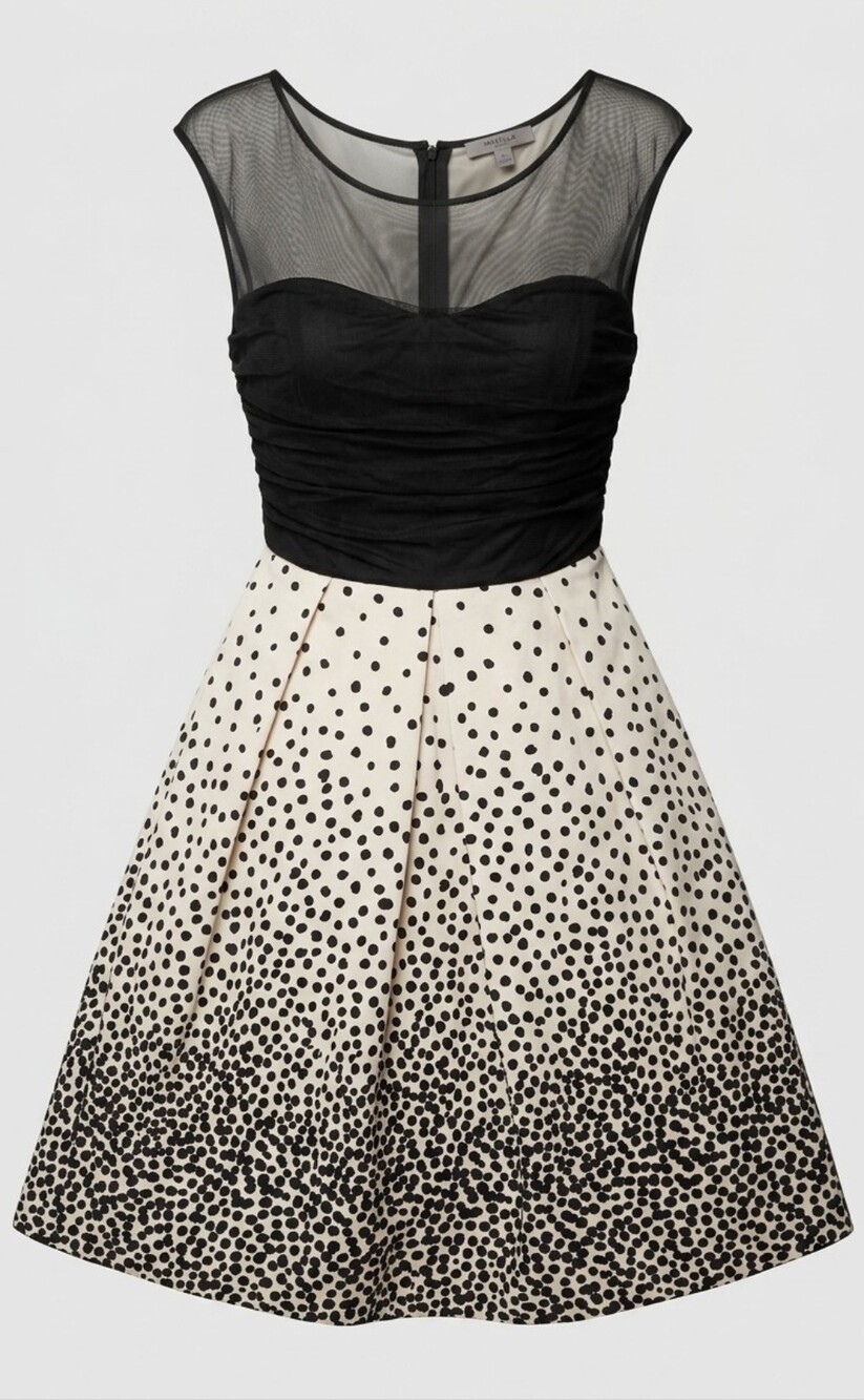 Marella Black Cream Mesh Bodice Polka Dot Pleated Skirt Cocktail Dress Small?